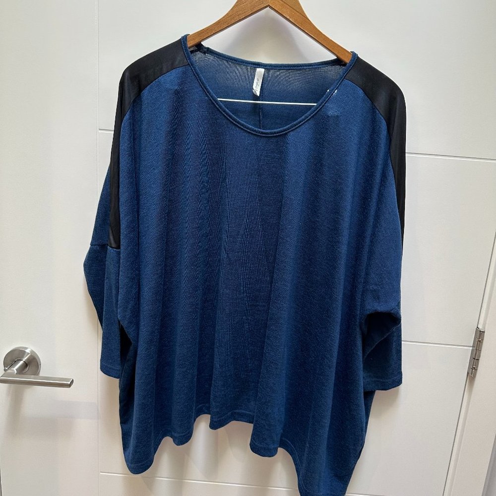 Faux Leather Shoulder Blue Baggy Long Sleeve T-Shirt